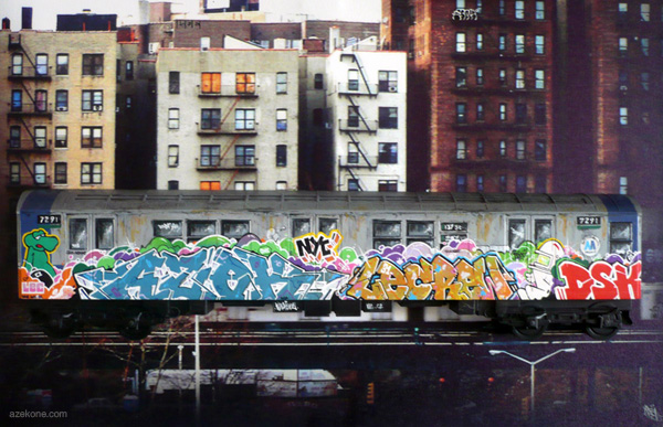 Le métro de New-York, et ses graffitis (vous noterez le tag en bas à  droite du wagon...)